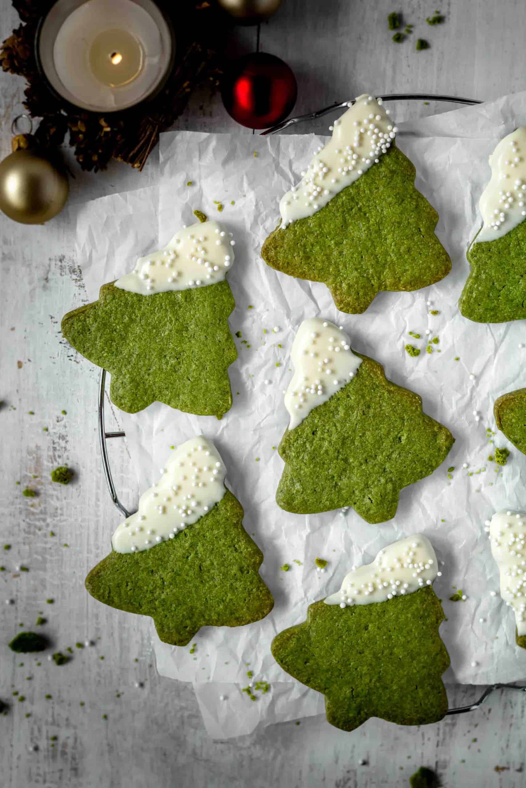 Matcha Christmas tree cookies are the perfect treats this holiday season that don’t include any food coloring! Super easy Christmas cookies! #christmastree #christmastreecookies #christmascookies #matchacookies #easychristmascookies