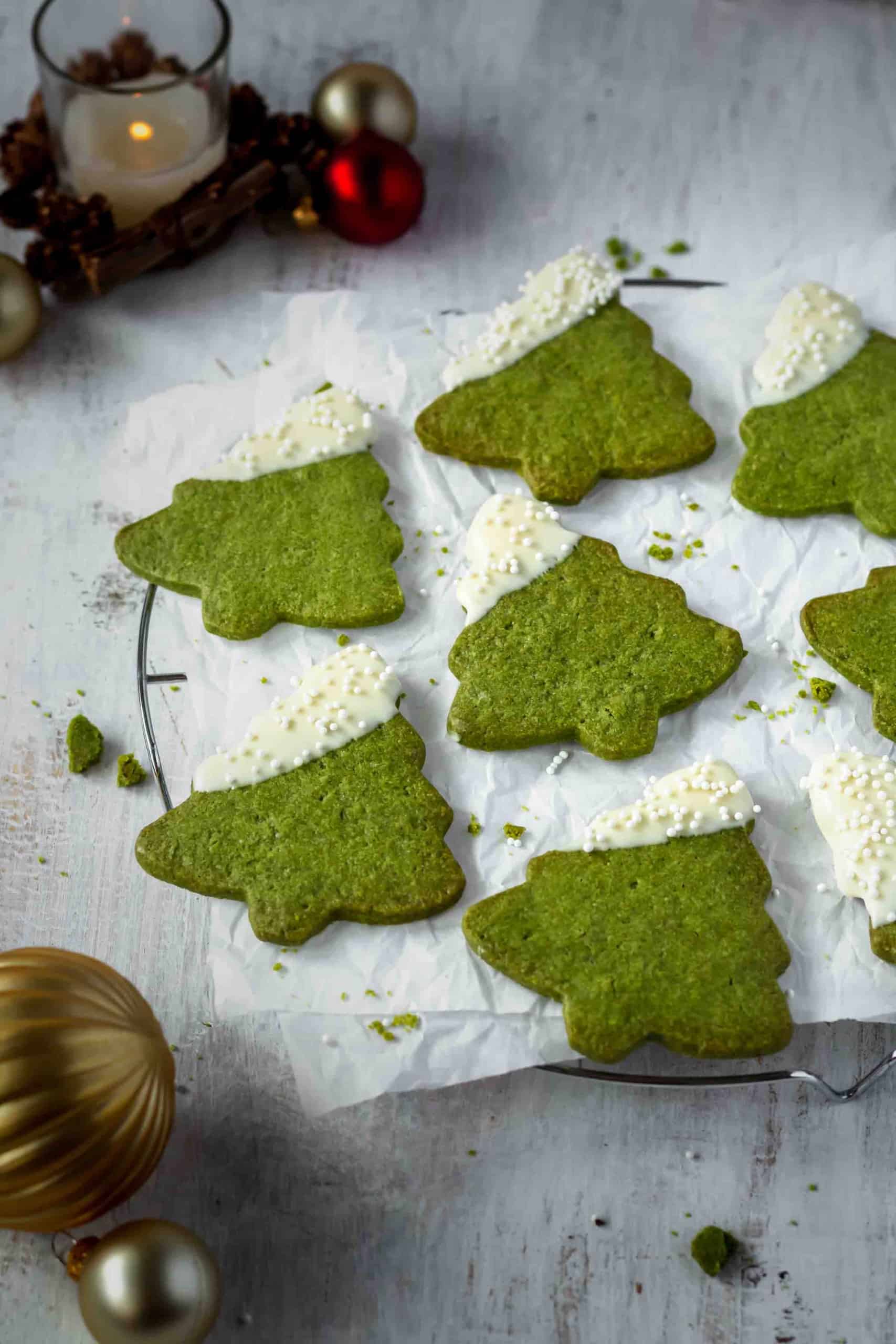 Matcha green tea powder adds a beautiful green hue to these holiday cookies! #christmastree #christmastreecookies #christmascookies #matchacookies #easychristmascookies