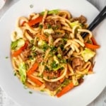 Vegan massaman yaki udon is the spicy Thai twist to the Japanese classic fried noodle dish! Your new go-to homemade fast food! #yakiudon #udonnoodles #vegannoodles #veganfastfood #plantbased