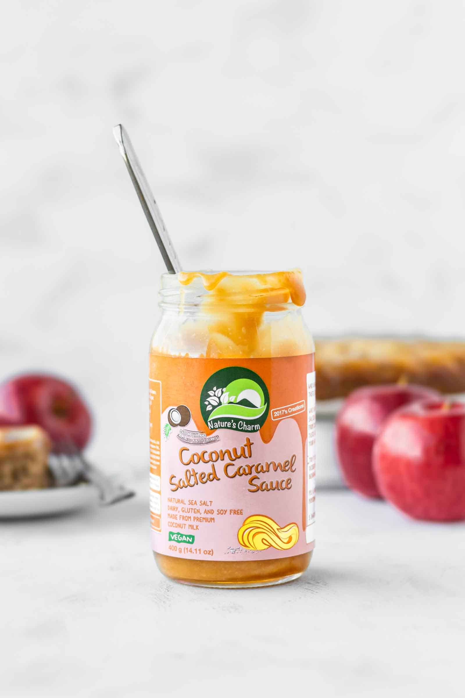 A jar of vegan salted caramel sauce.