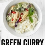 Vegan green curry in a white bowl with black text overlay.
