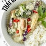 A close up shot of vegan Thai curry with text overlay.