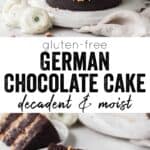 Long vertical pin of gluten free German chocolate cake.