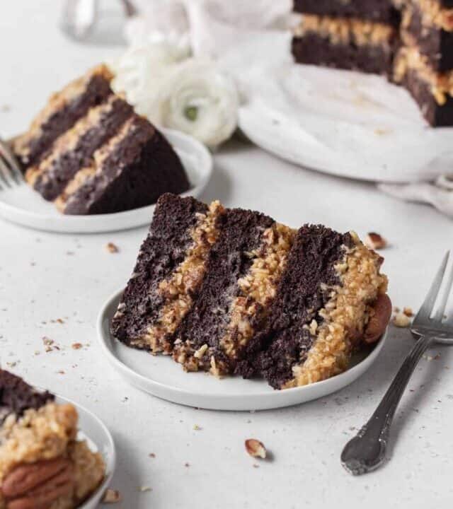 A slice of German chocolate cake on a plate