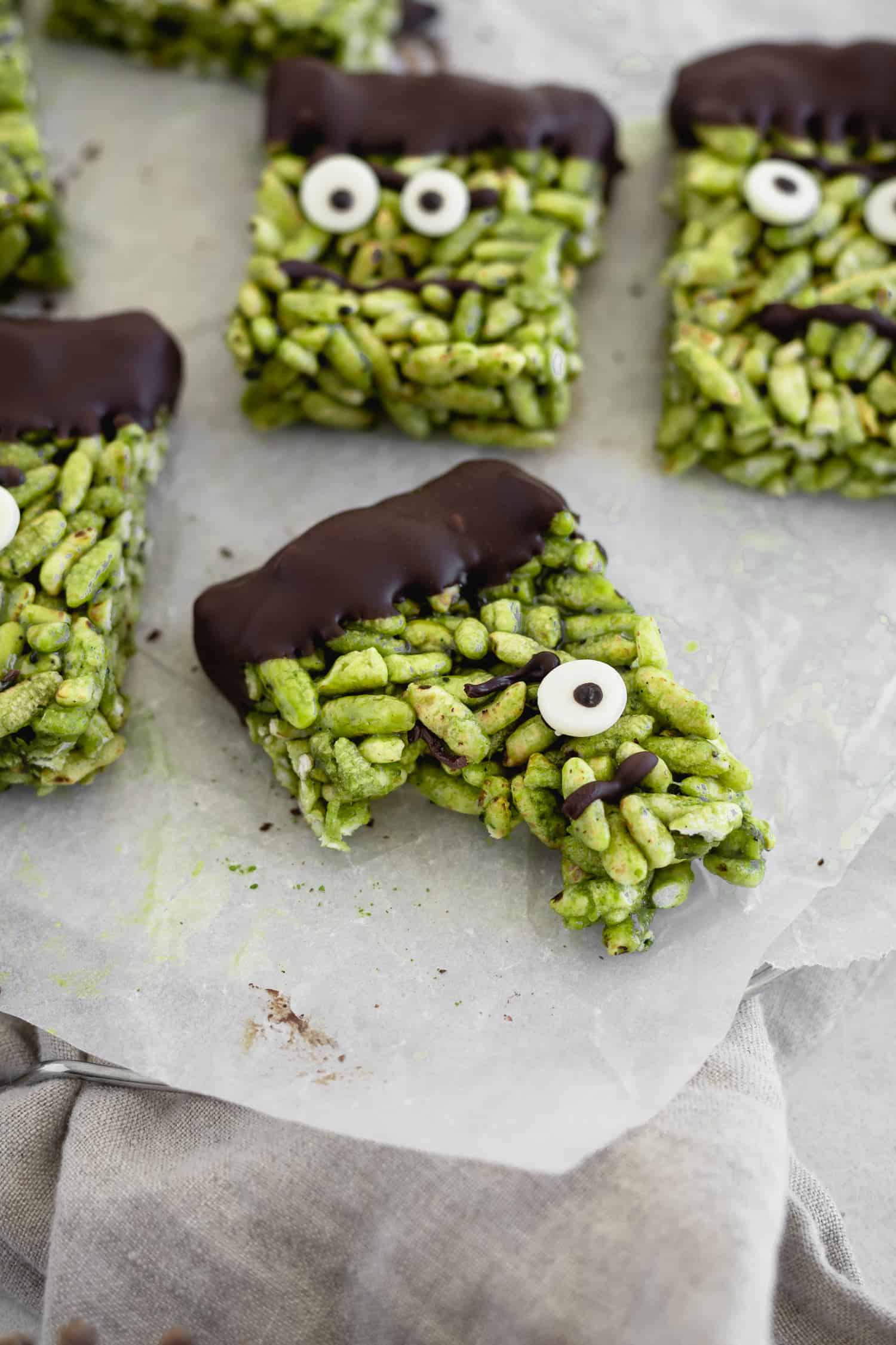 A bitten piece of green Halloween treat