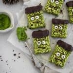 Matcha rice krispie treats decorated as Frankenstein