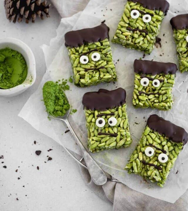 Matcha rice crispy treats decorated as Frankenstein