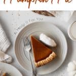 Dairy free pumpkin pie on a plate with text.