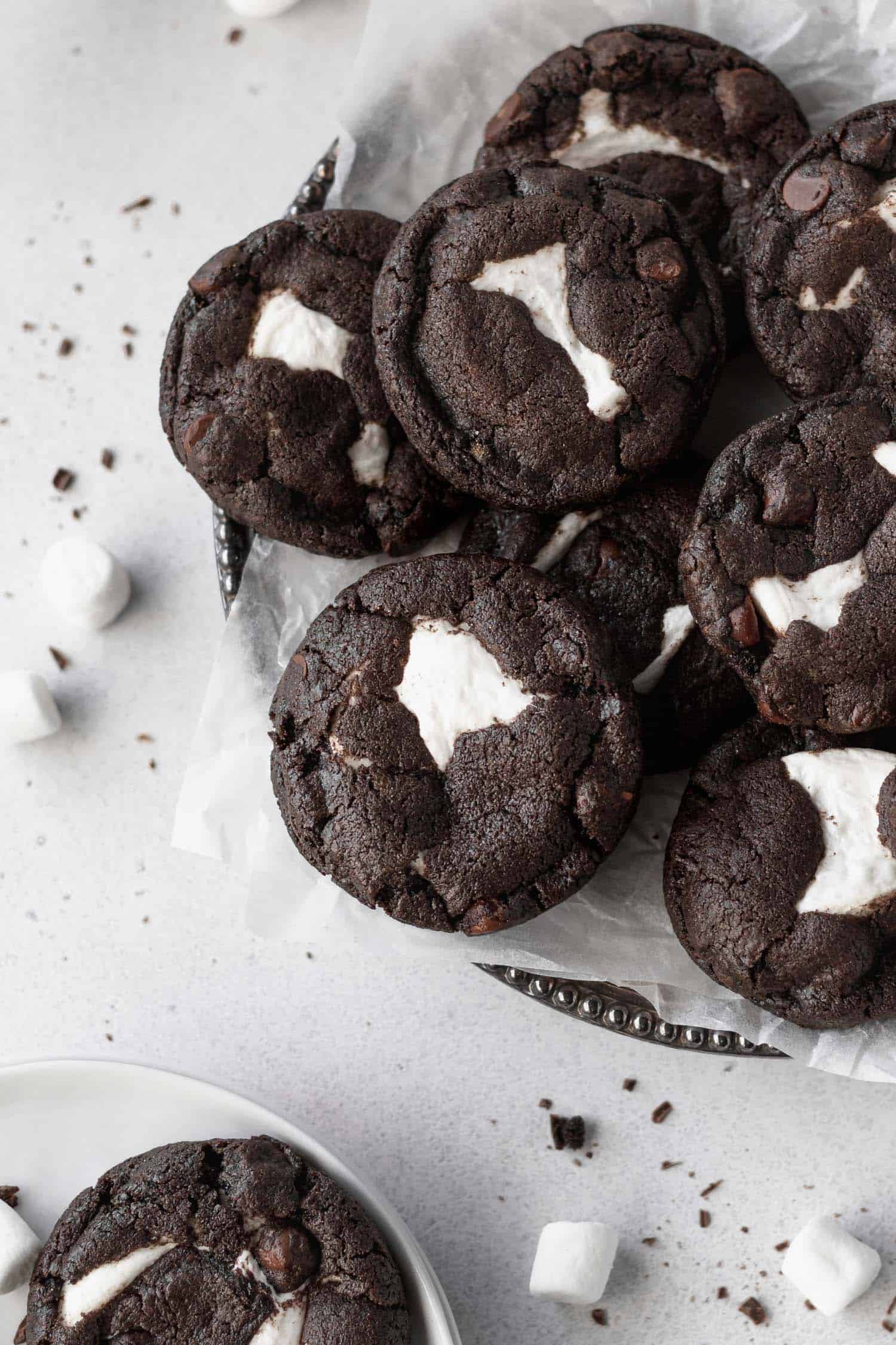 Marshmallow stuffed chocolate cookies on a platter