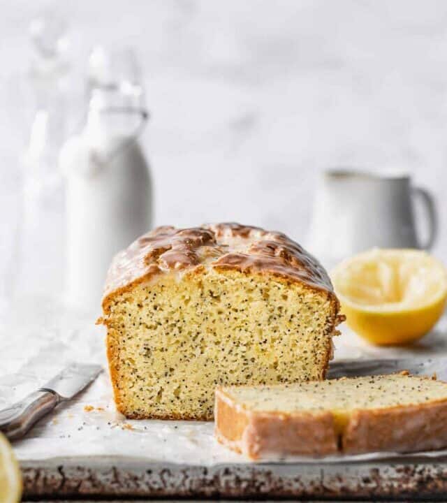 A sliced lemon poppy seed loaf cake