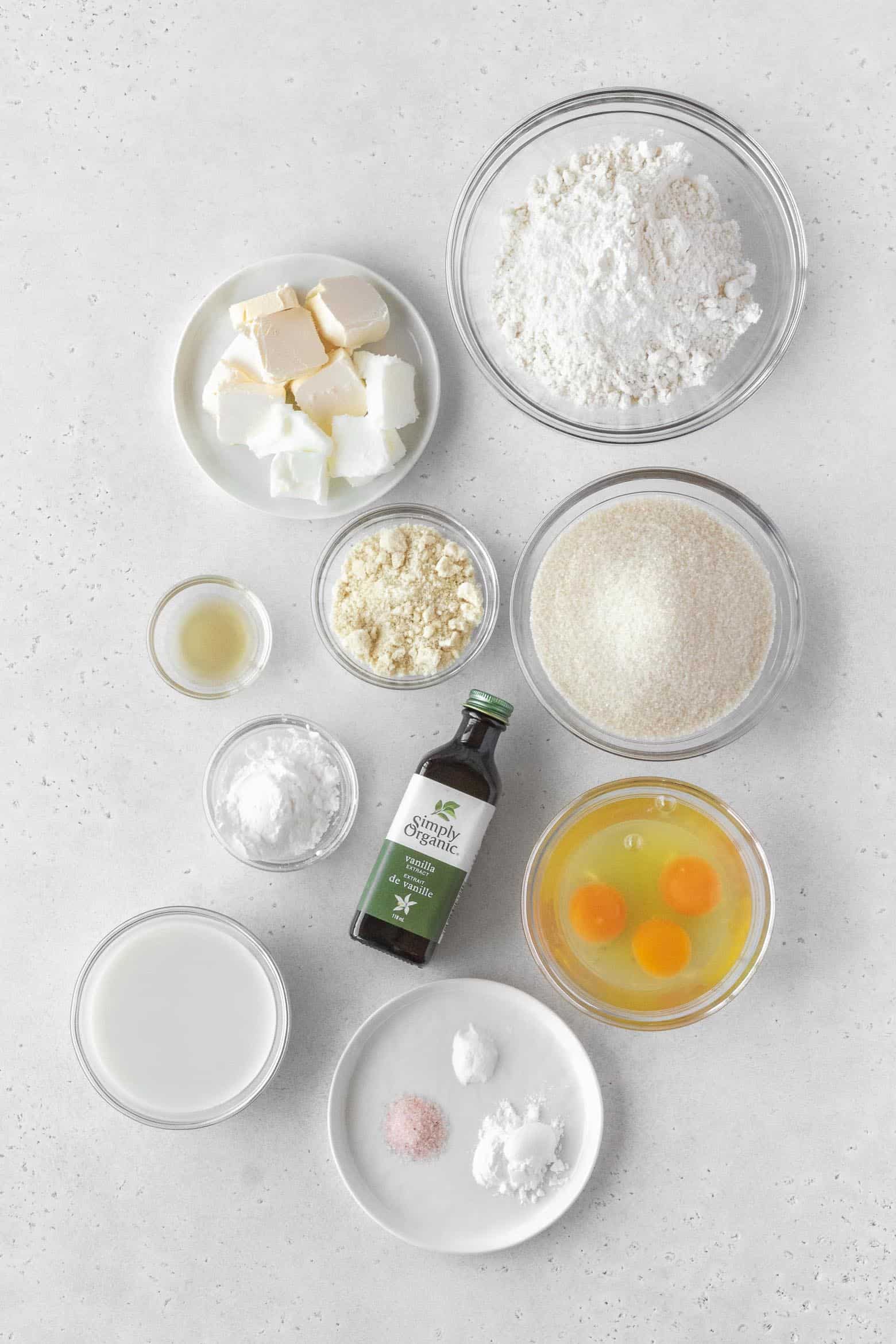 Gluten free pound cake ingredients in bowls