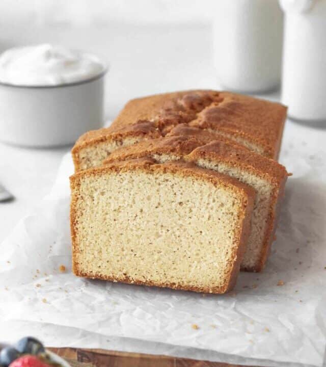 A sliced loaf of pound cake