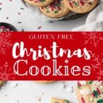 Pinterest image of gluten-free Christmas cookies with colorful sprinkles.