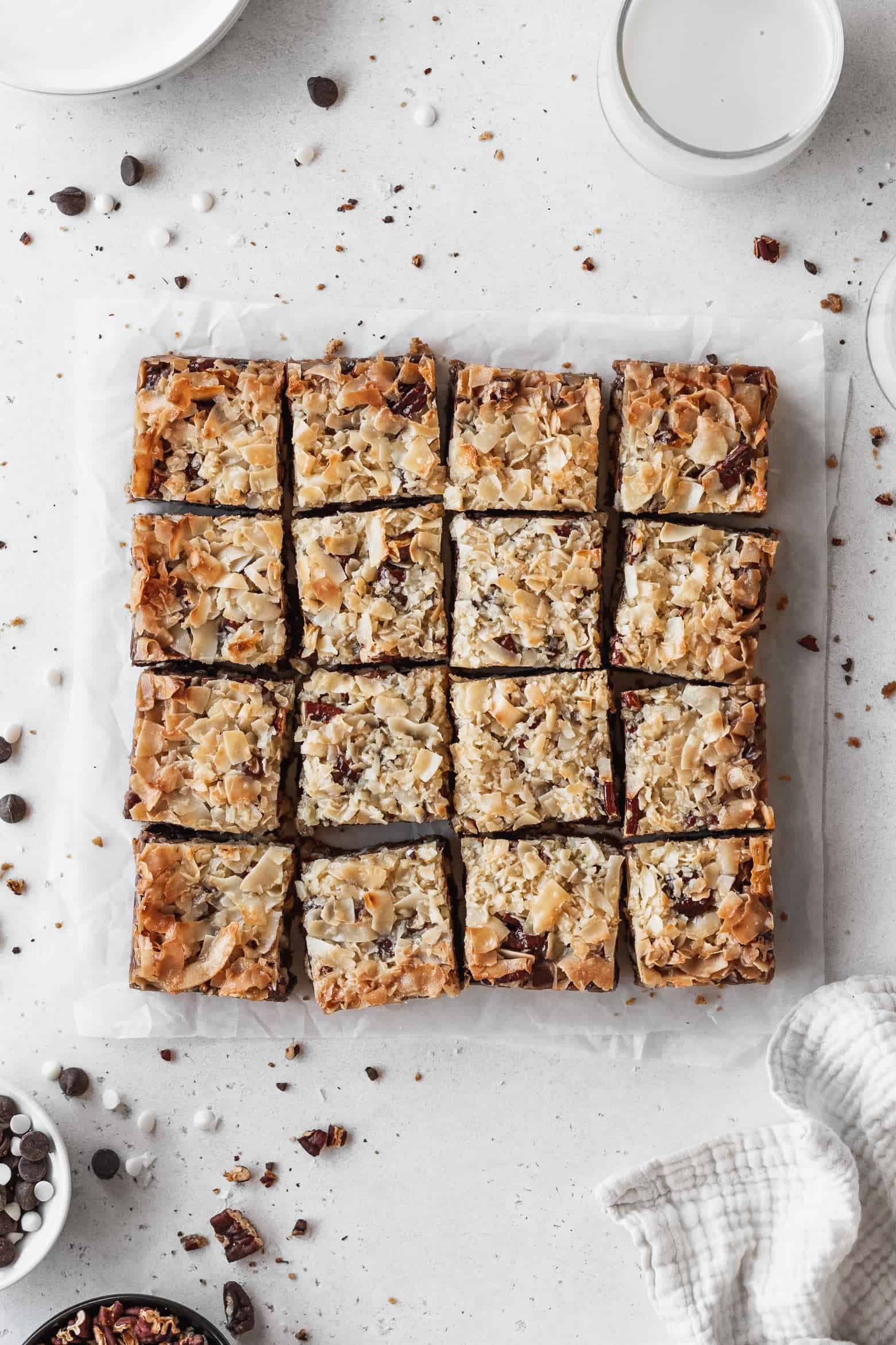 Vegan 7 layer bars cut into squares.