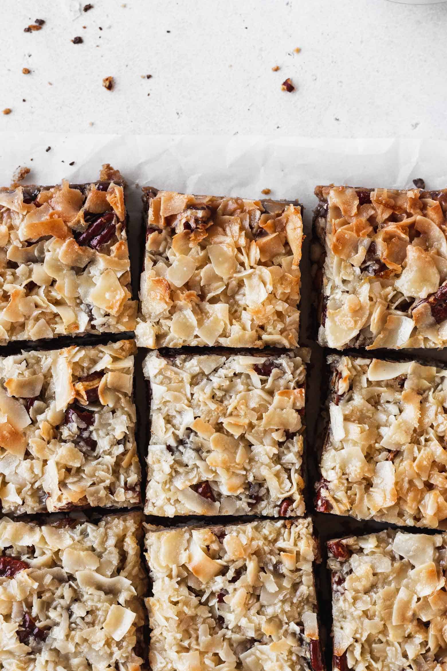 7 layer magic bars cut into squares.