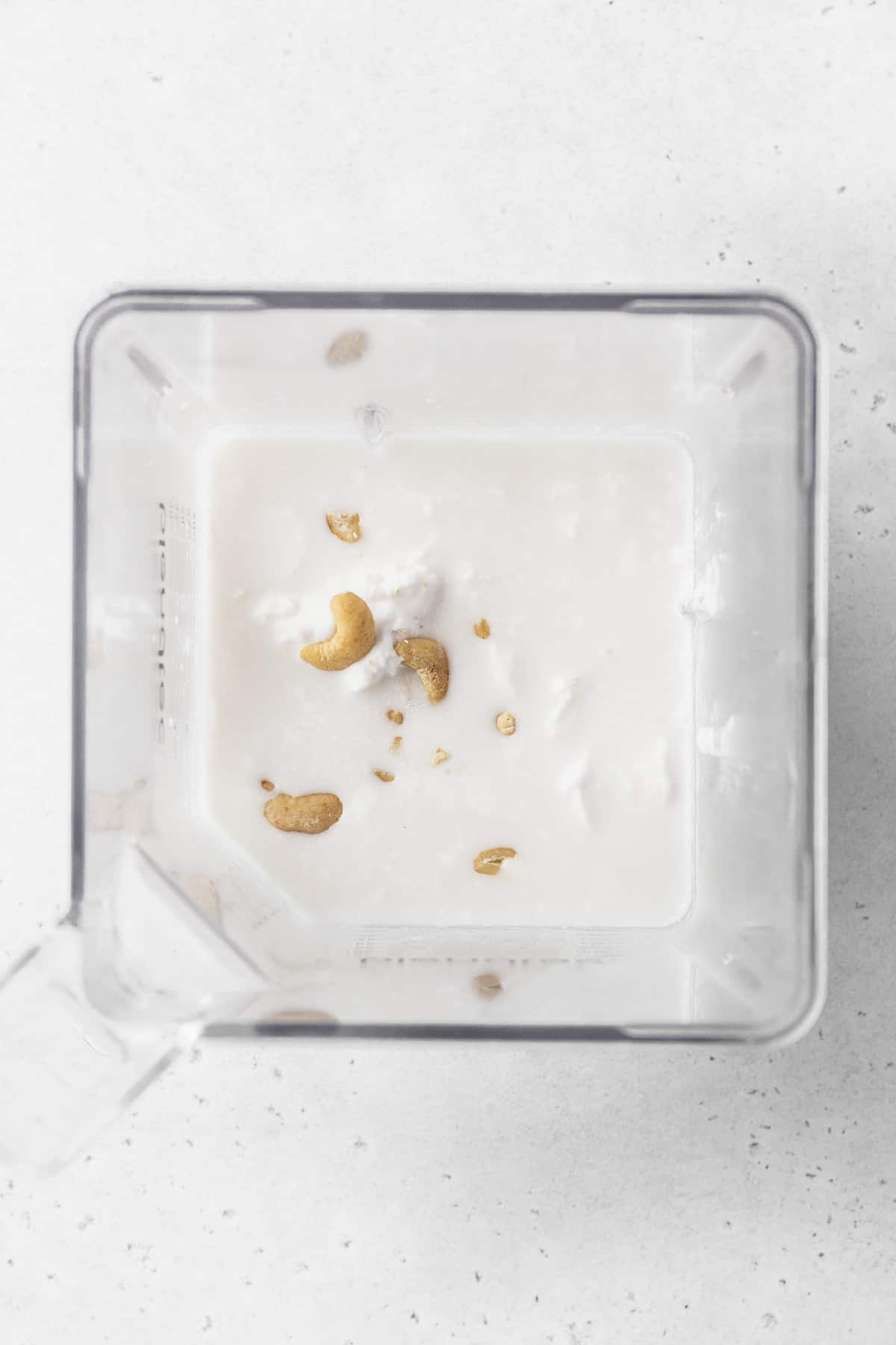 Coconut milk and cashews in a blender.