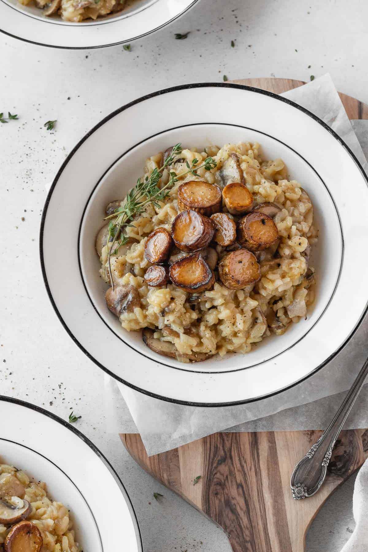 A plate of vegan mushroom risotto.