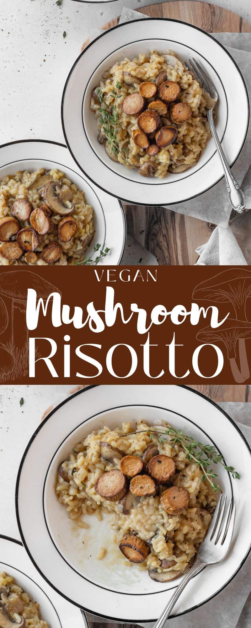 Vegan mushroom risotto on a white plate.