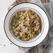 A plate of vegan mushroom risotto.