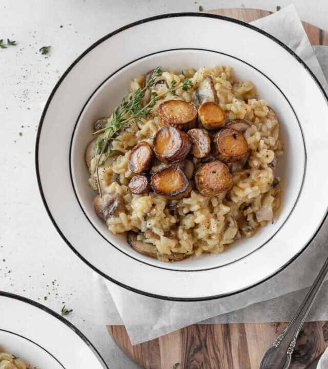 A plate of vegan mushroom risotto.