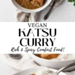 Tall vertical pin of vegan katsu curry with two photos and text overlay