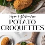 Vertical pin of vegan and gluten-free potato croquettes.