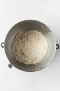 Dry ingredients in the bowl of a stand mixer.