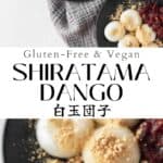 Long vertical pin of shiratama dango with anko and kinako.