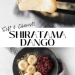 Vertical pin of shiratama dango with one bitten mochi.