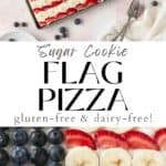 Long vertical pin of sugar cookie fruit pizza with strawberries, blueberries, and bananas.