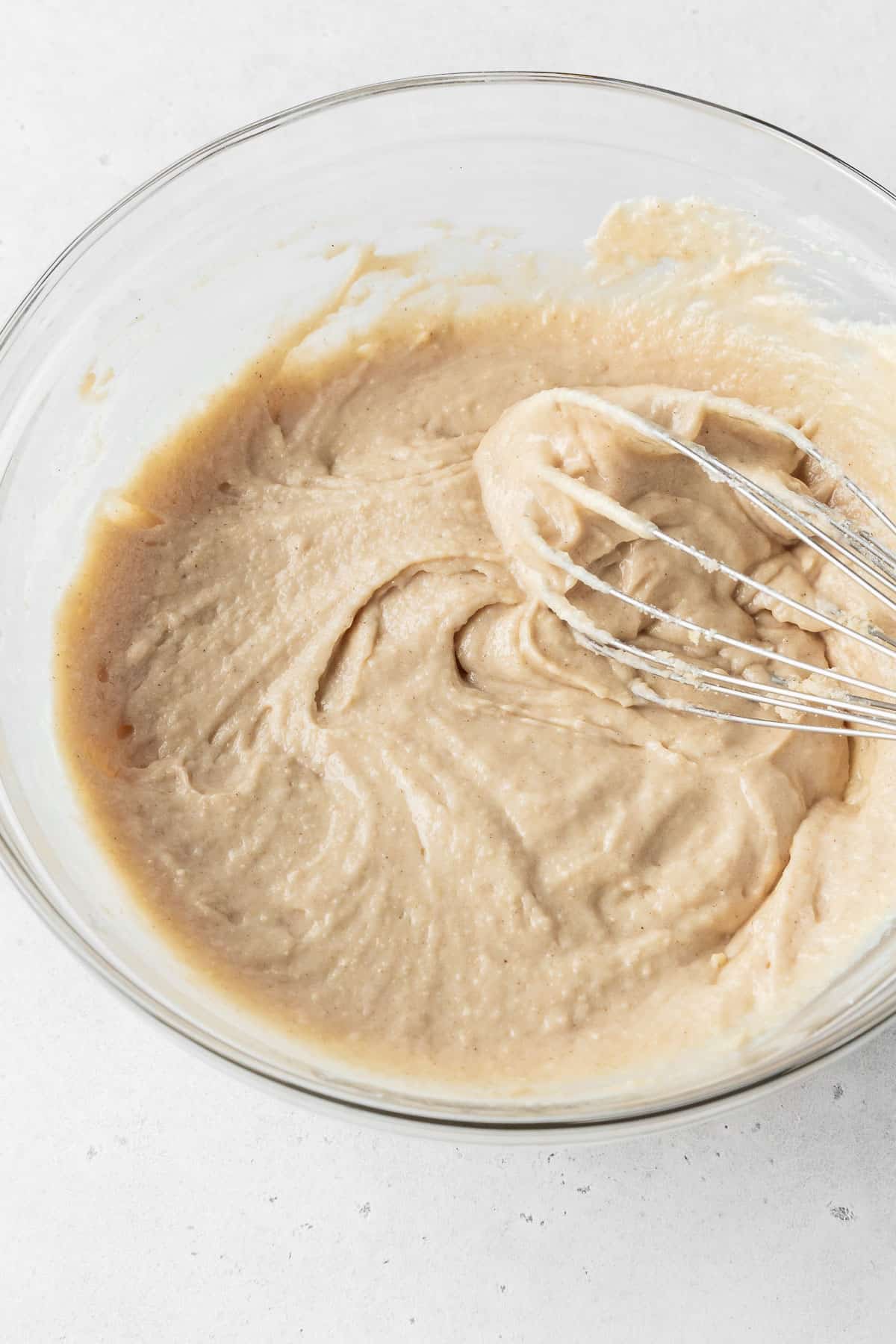 Dairy-free gluten-free vegan donut batter after adding liquid ingredients.
