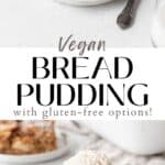 Long vertical pin of vegan bread pudding with apple pie filling.