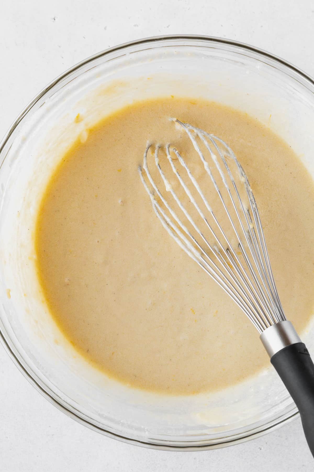 Completed lemon cake batter after whisking until smooth.
