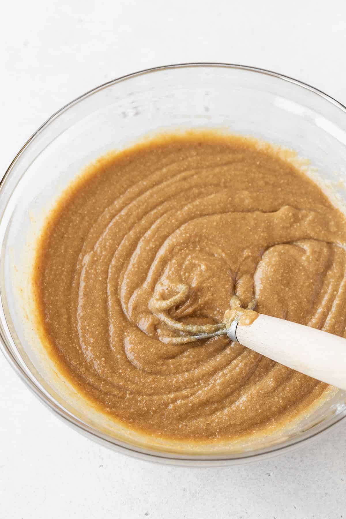 Vegan edible cookie dough batter after mixing in the flours — it still looks quite thin.