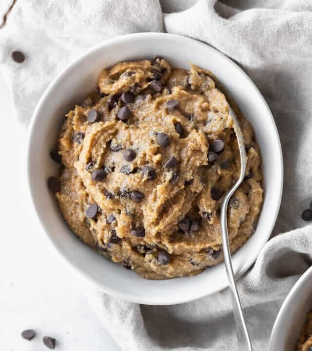 close-up overhead shot of a bowl of vegan edible chocolate chip cookie dough.