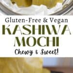 Long vertical pin of kashiwa mochi with red bean filling and text overlay.