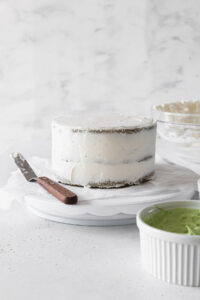 Crumb coated matcha cake.
