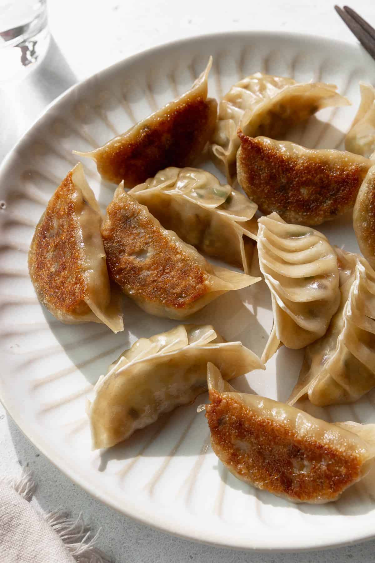 A close up shot of veggie dumplings.