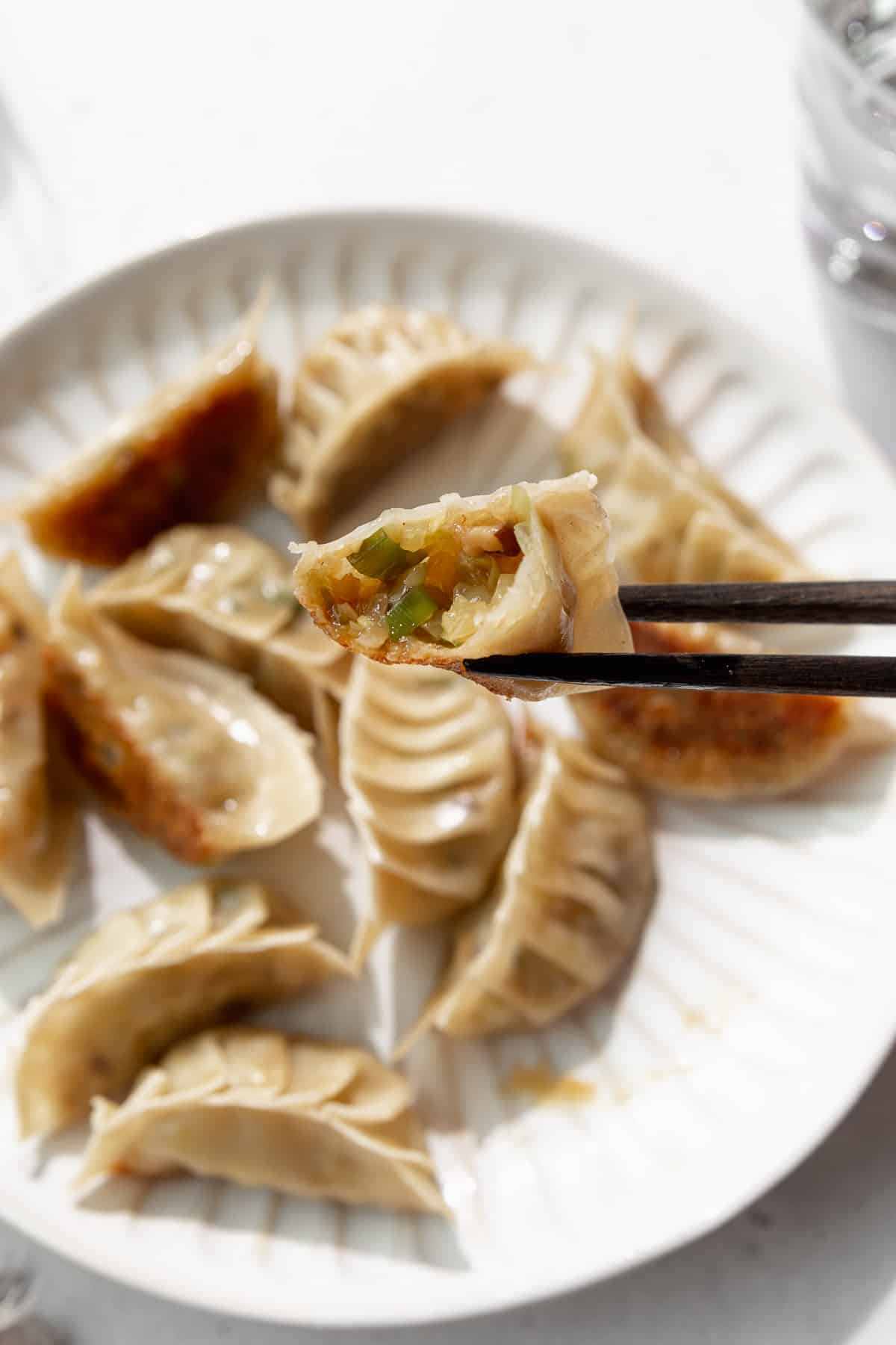 Chopsticks holding a bitten vegetable dumpling.