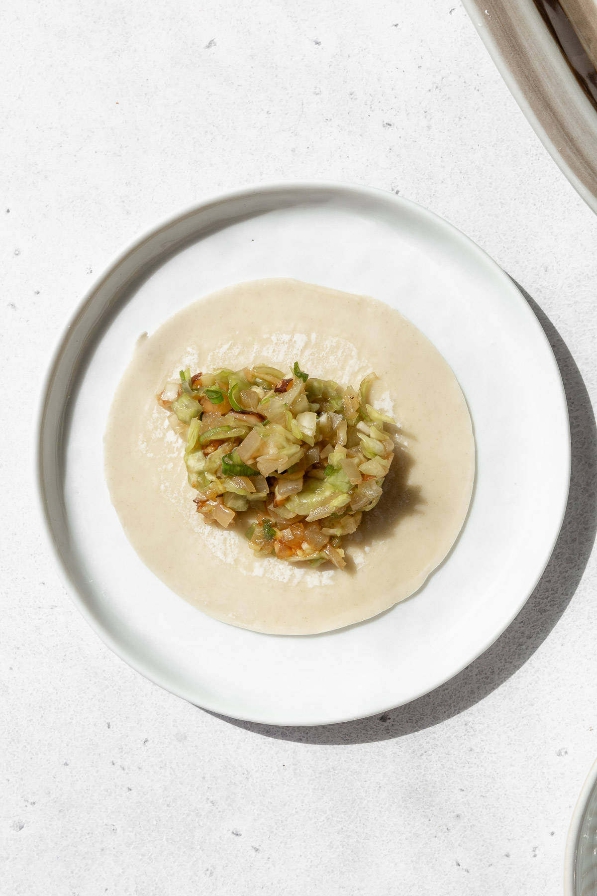 A spoonful of vegetable filling on a gyoza wrapper with the edges moistened with water.