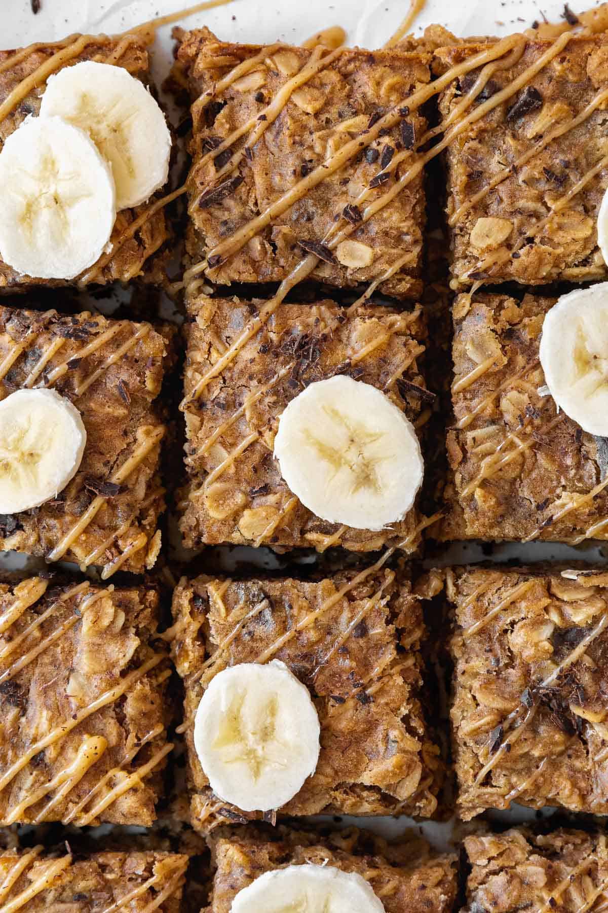 An overhead shot of sliced peanut butter banana oatmeal bars.