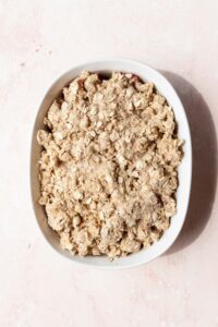 Gluten-free oatmeal crumble added on top of the rhubarb filling.