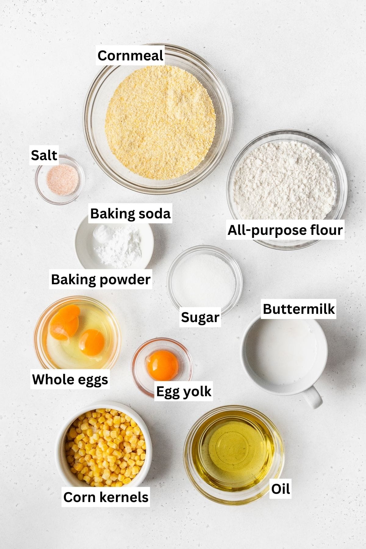 All of the ingredients for the cornbread croutons on a counter.