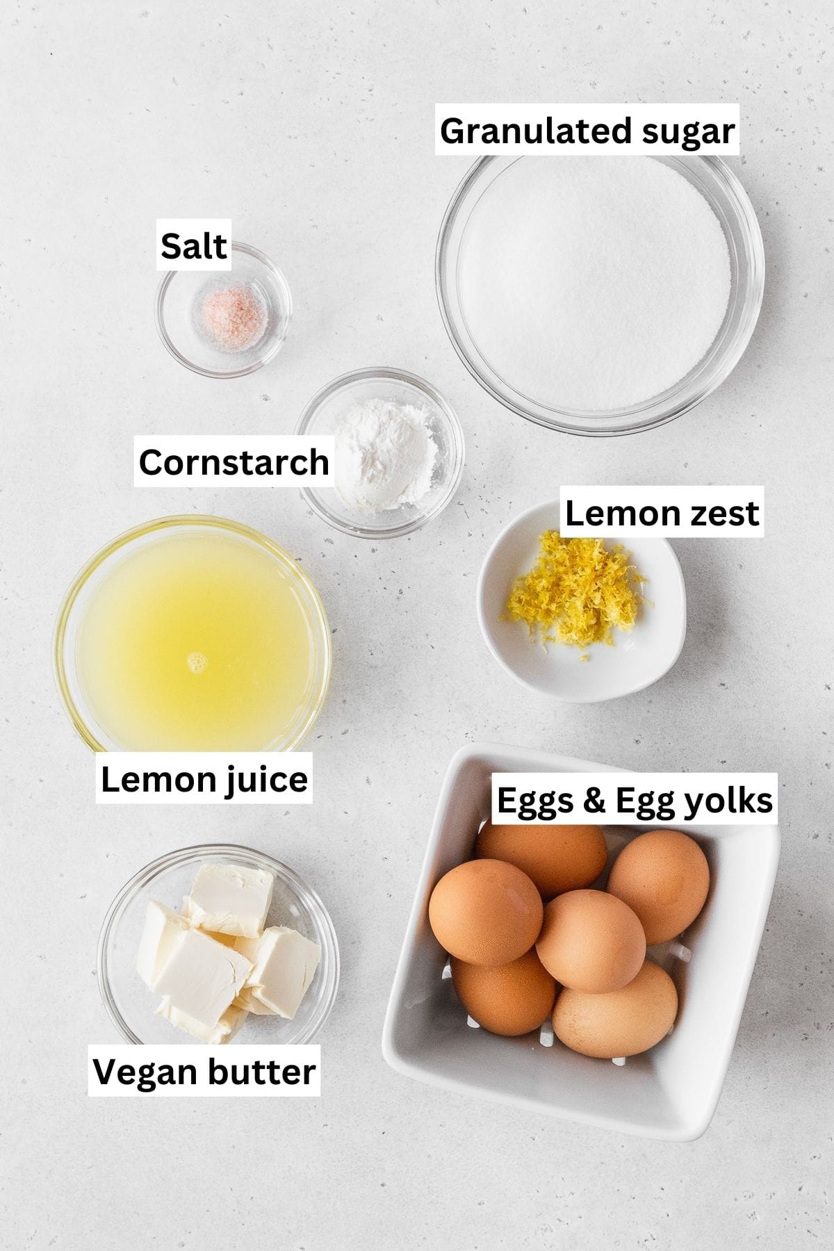 All of the ingredients for the dairy free lemon curd on the counter.