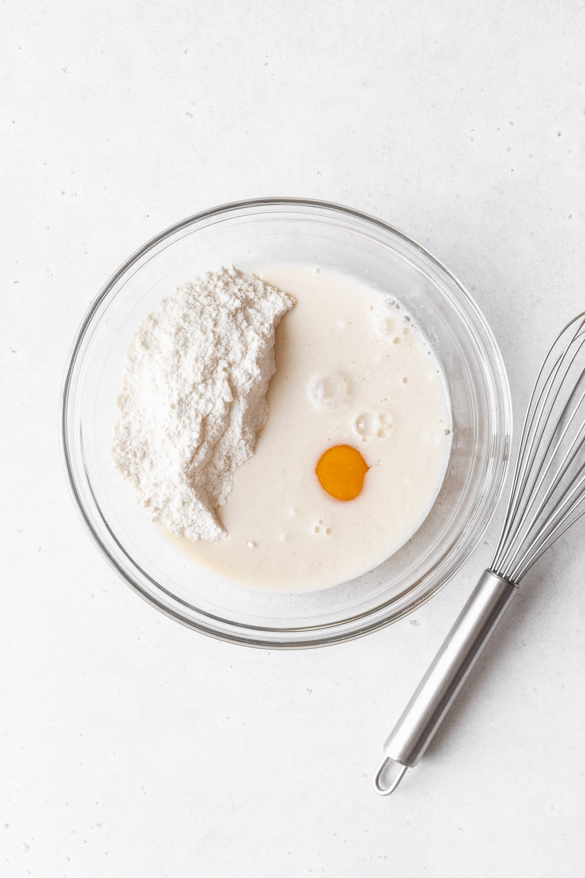Muffin mix, egg, and milk added to a mixing bowl.