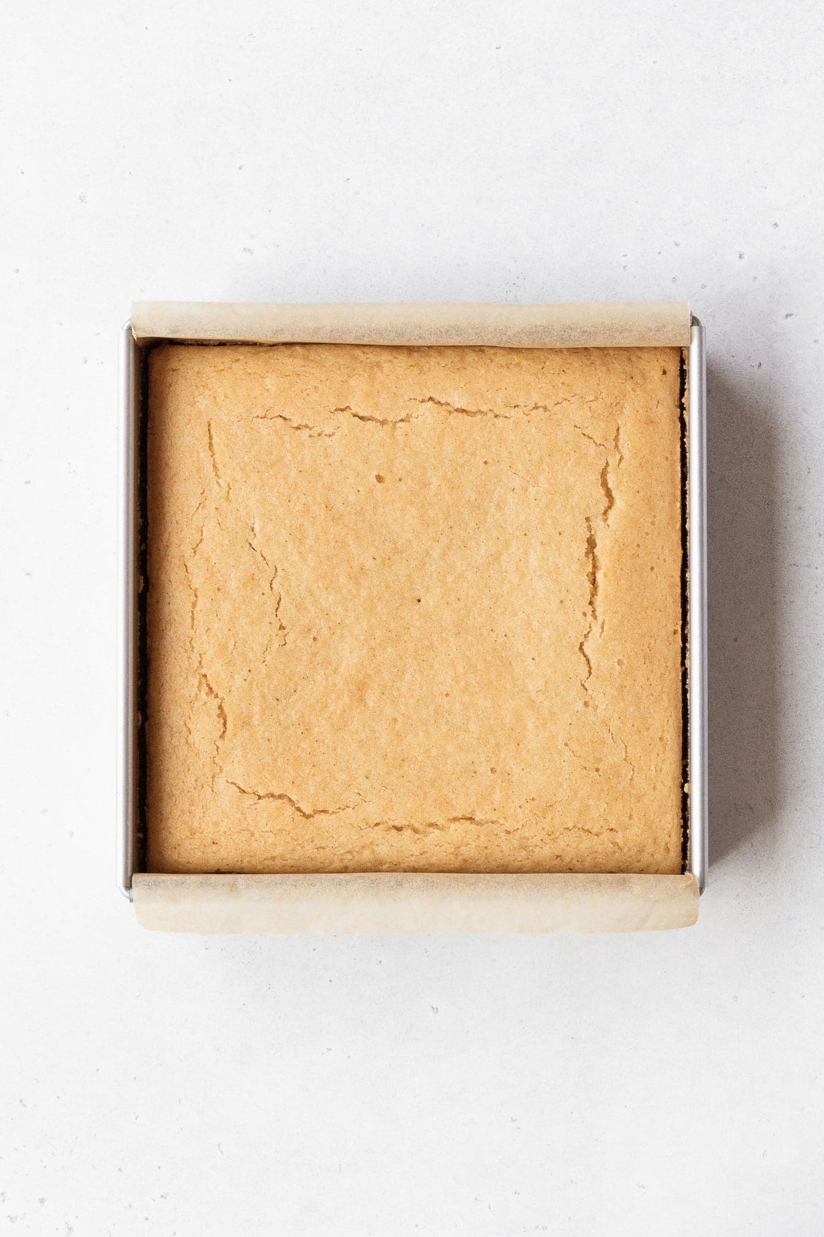 An 8x8-inch pan of baked gluten-free and dairy-free tres leches cake.