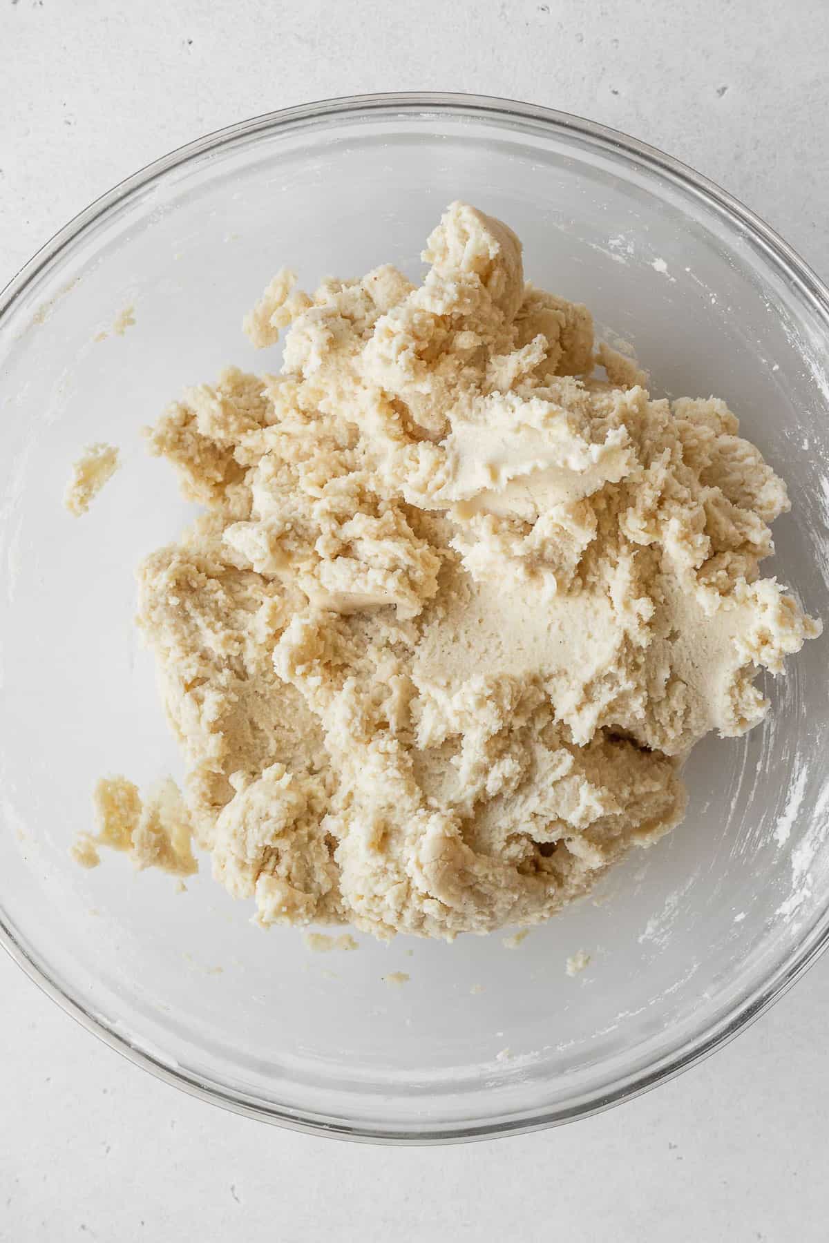 Cookie dough in a glass bowl.