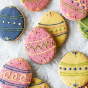 Square hero shot of decorated Easter egg sugar cookies.