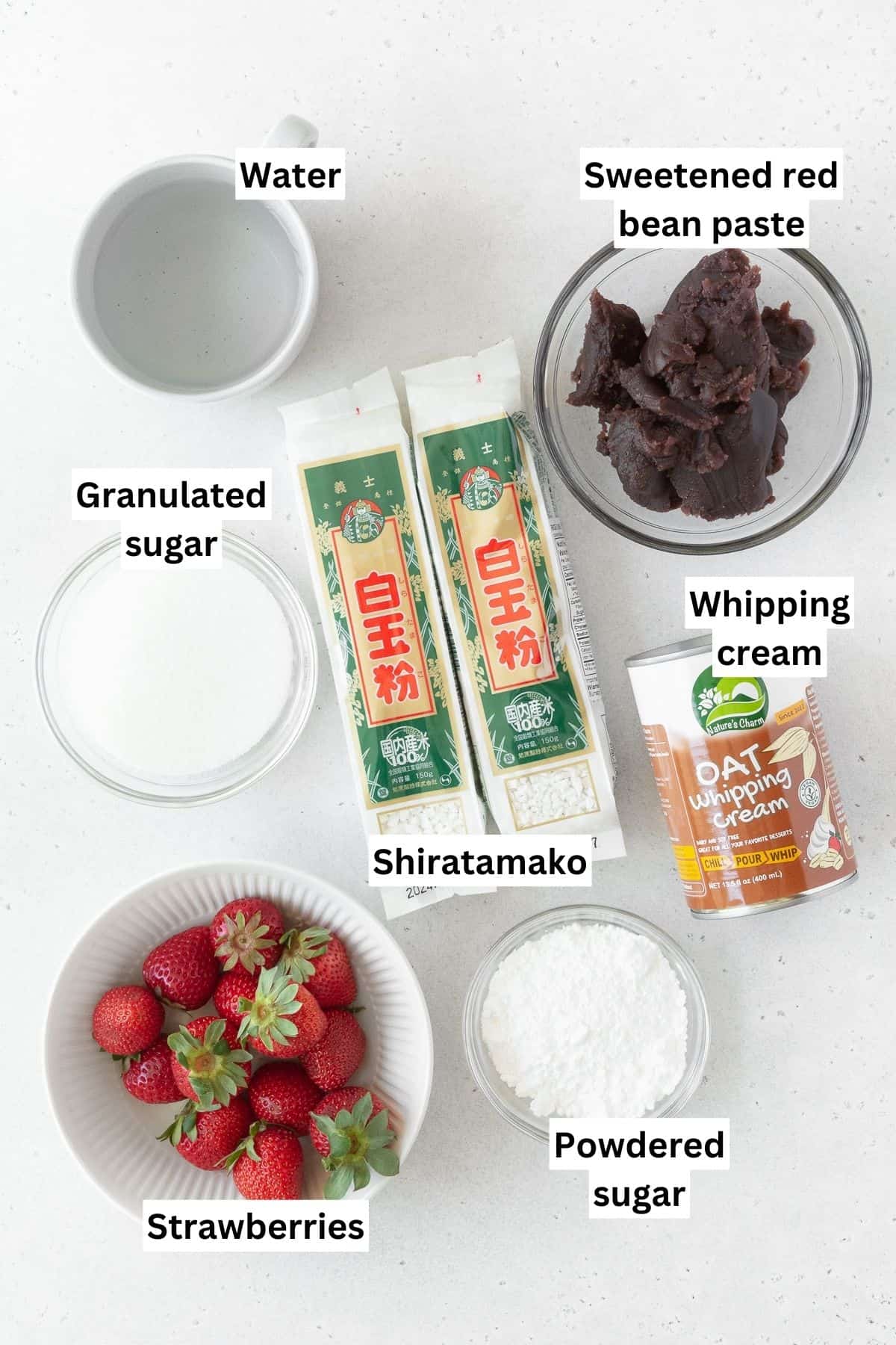 Ichigo daifuku ingredients measured out into bowls with text overlay.