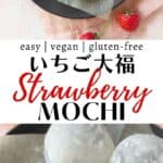 Pinterest image of ichigo daifuku on a black plate.